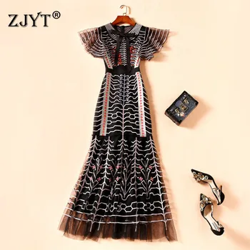 

Runway Long Dress Summer Elegant 2020 Women High Quality Butterfly Sleeves Heavy Embroidery Trumpet Evening Party Dresses Women