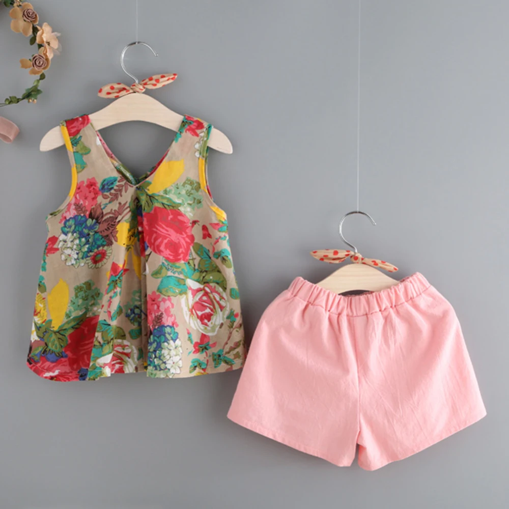 

Summer Baby Girls Clothes Printed Floral Ruffle Sleeveless Dresses Tops+Shorts Pants Clothes Set Kids Princess Clothing For Girl