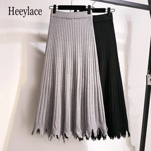 Повседневная однотонная вязаная юбка миди, Женская Осенняя зимняя теплая элегантная эластичная тонкая плиссированная юбка с дырками размера плюс