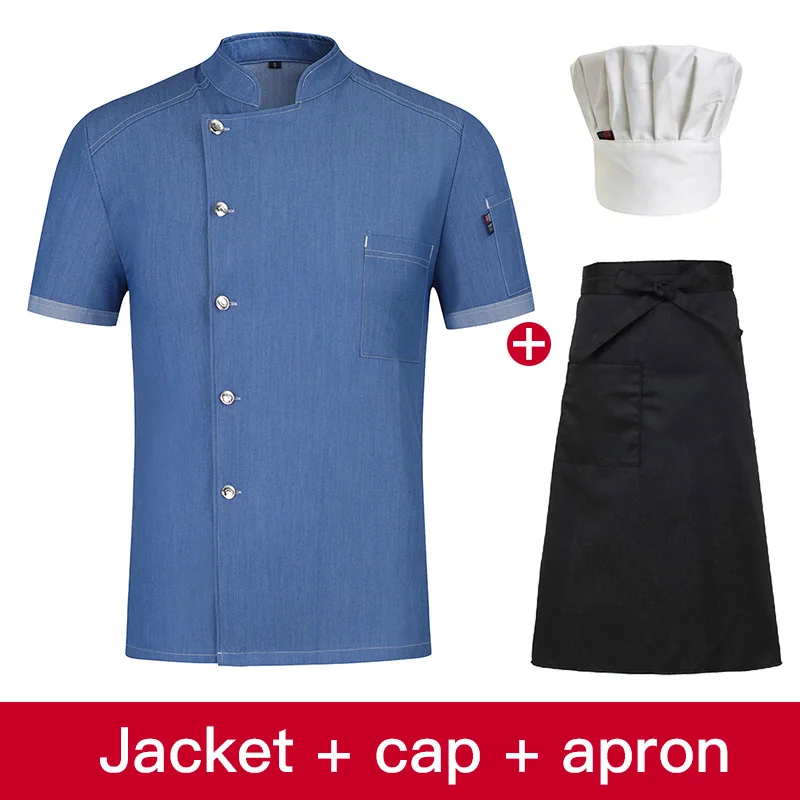 Модная куртка шеф-повара для мужчин и женщин, мужская рубашка для питания, отель, кухня, с короткими рукавами, официантка, суши, костюм для приготовления пищи, фартук - Цвет: jacket cap apron