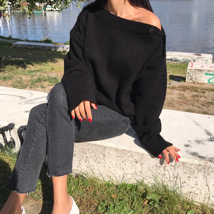 Thick Winter slash neck Sweater Women pullover Girls Tops Loose Autumn Female Elegant Knitted Outerwear Sweater Warm Oversize