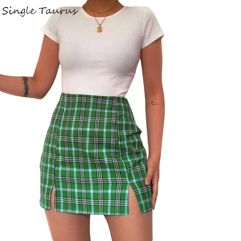 2020 Summer Plaid Print Mini Skirt Fashion Streetwear Split Sexy Faldas Mujer Moda Korean Green Solid Color Ropa Saia | Женская одежда