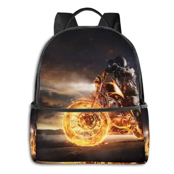

Simple Women Men canvas Backpacks Dark Motorbiker Staying On Burning Motorcycle Sunset Light Laptop Back pack travel bag