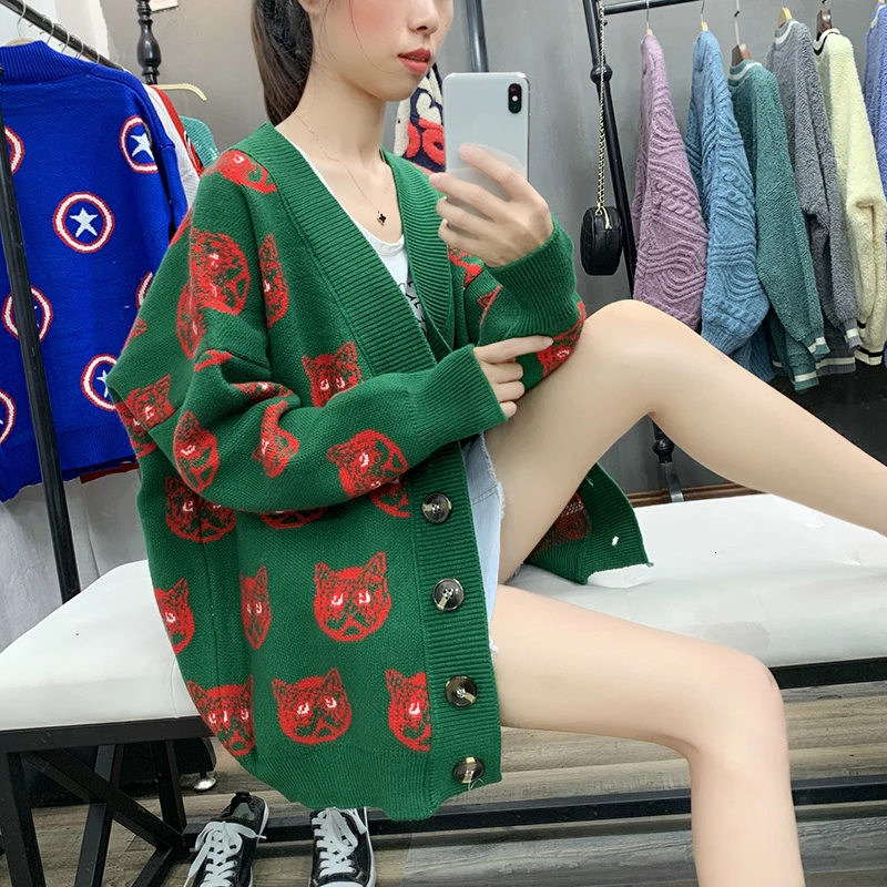 

Women Autumn Winter Cartoon Cat Pattern Cardigan Thick Sweater Female Loose Oversize Outer Knitted Coat Manteau Femme Hiver