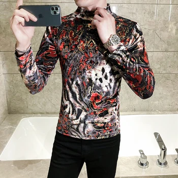 

Autumn Red Leopard Print T-Shirts for Men Clothing Long Sleeve Turtleneck Pullovers Men Slim Fit Casual Tee Shirt Homme 3XL-M