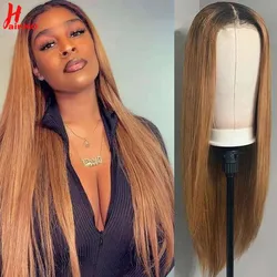 HairUGo Straight T1B/30 Brown 4x4 Lace Closure Wigs Pre-Plucked Brazilian Ombre Blonde Straight Human Hair Wig Transparent Lace