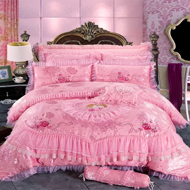 Red Pink Luxury Lace Wedding Bedding Set King Queen Size Princess