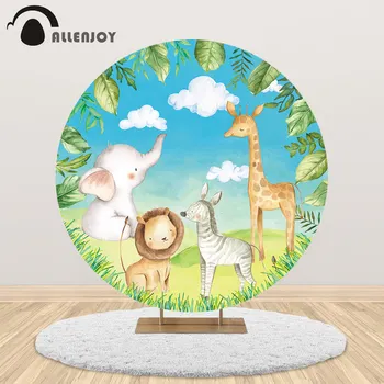 

Allenjoy Safari Party Round Backdrop Spring Leaves Sky Cloud Elephant Lion Jungle Lawn Birthday Baby Shower Background Cover