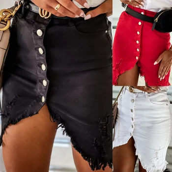 

Women High Waist Denim Skirt 2020 Summer Vintage Fashion Skinny Ripped Irregular Hem Button Pencil Mini Skirt Streetwear D30