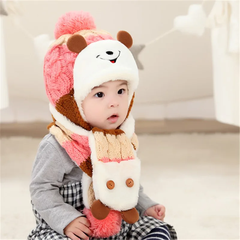 Зимние Детские шапки для мальчиков и девочек от 1-3 лет, шапка со смайликом и мишкой, шарф, набор с вышивкой тигра, акриловая детская шапка и шарф