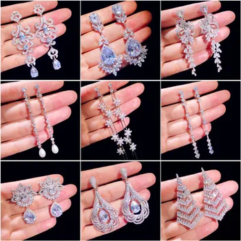 

SOLID 925 SILVER DROP EARRINGS FOR WOMEN CUBIC ZIRCONIA TEMPERAMENT FINE JEWELRY VINTAGE WEDDING EARLESS HOLE EAR CLIP ARETES