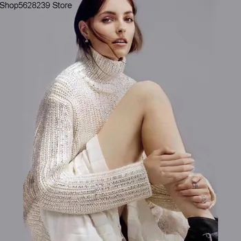 

19 Hot Drilling Full Drilling Sequins White Sweater Female Heavy Industry Diamond Shining Luxury Gao Collar Keep Warm Knitting