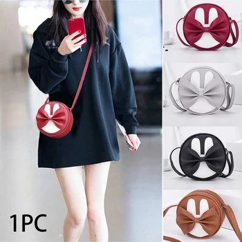 

Cute Bow knot Messenger Bag Women Small Round Casual Single Shoulder Bag Adjustable Strap Crossbody Fashion Hit Color PU Gift