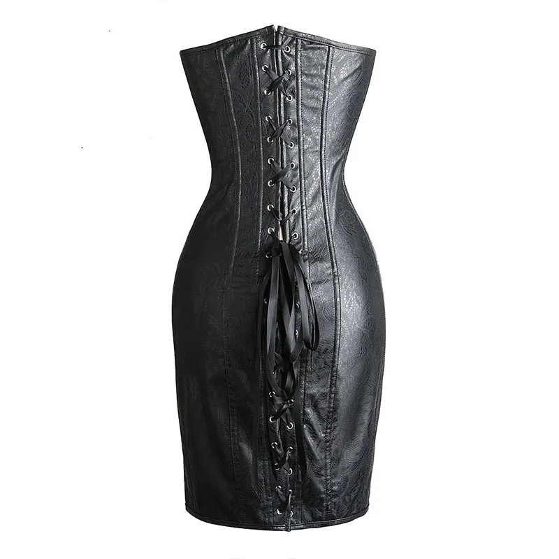 Women's Victorian Gothic Steampunk Corset Dress Lace Up Black PU Faux Leather Strapless Retro Overbust Bustier Corset Waist Slim (8)