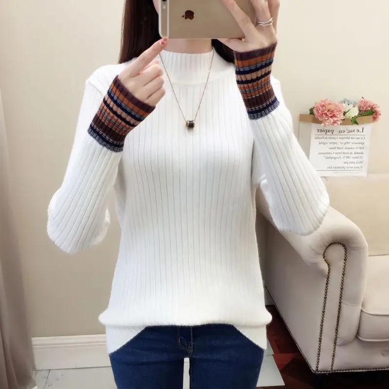 Slim Sweater Women's Autumn and Winter Warm Striped Knitted Solid Color Bottoming Shirt Turtleneck | Женская одежда