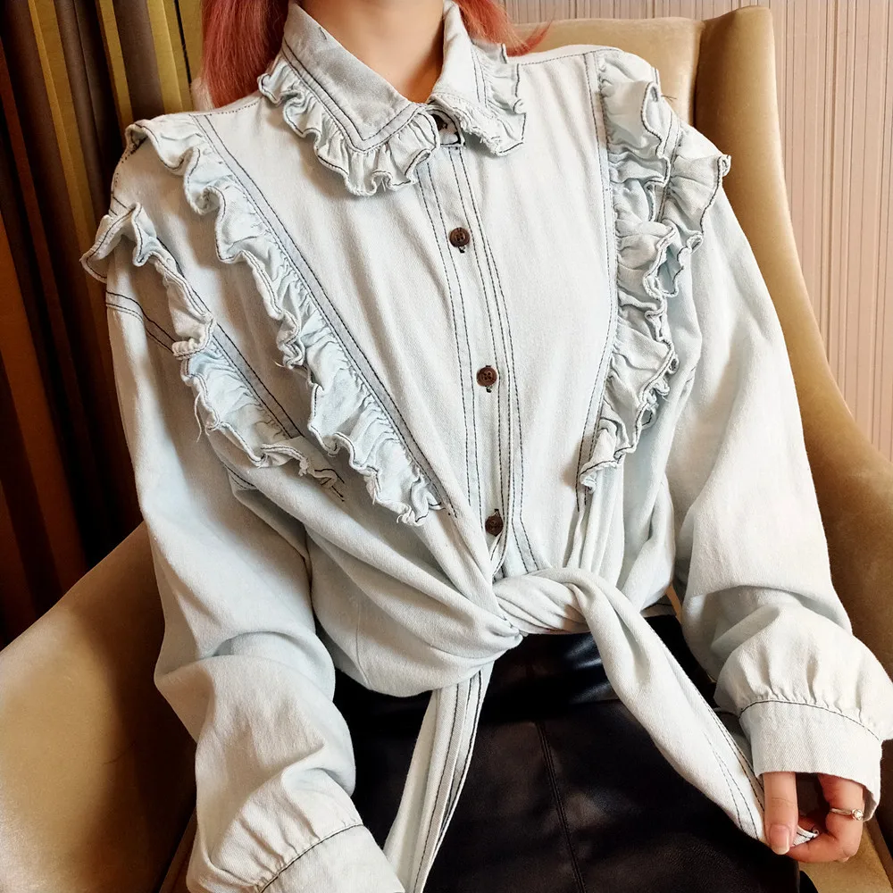 

Photo Shoot 2019 Autumn New Style Industrial Washed Blue Sense of Design Frilled Long Sleeve Jeans Coat Fashion