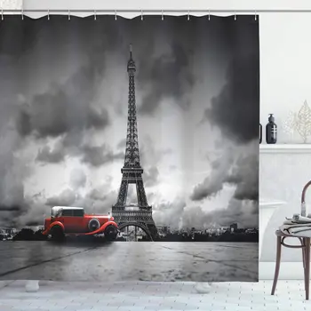 

Eiffel Tower Shower Curtain Image of Eiffel Tower Paris France Vintage Car Street Dark Clouds Bathroom Decor Set with Hooks 70"