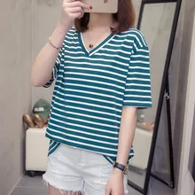 Плюс-размер d женское платье Лето стиль свободный крой стройнящая v-образный вырез рубашка Большой размер онлайн знаменитости полосы короткий рукав T-shi