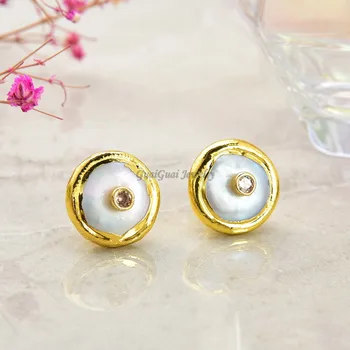 

GG Jewelry 16mm Freshwater White Coin Pearl Golden Plated Stud Clear Cz Earrings