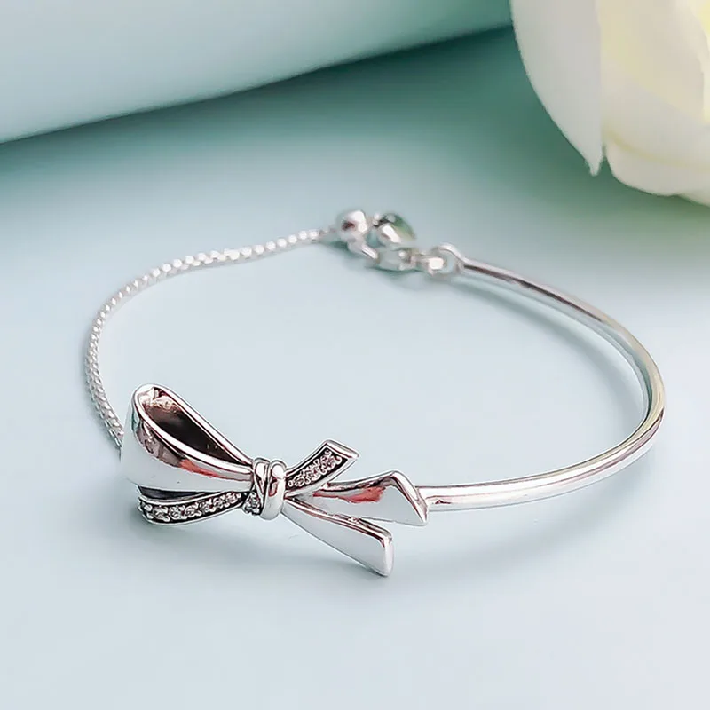 

Authentic 925 Sterling Silver Pan Bracelet New Gorgeous Bow Simple Classic Versatile Bracelet Fit Diy Charm Women Jewelry