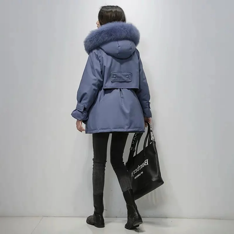 Fitaylor Large Natural Fox Fur Hooded Winter Jacket Women 90% White Duck Down Thick Parkas Warm Sash Tie Up Snow Coat