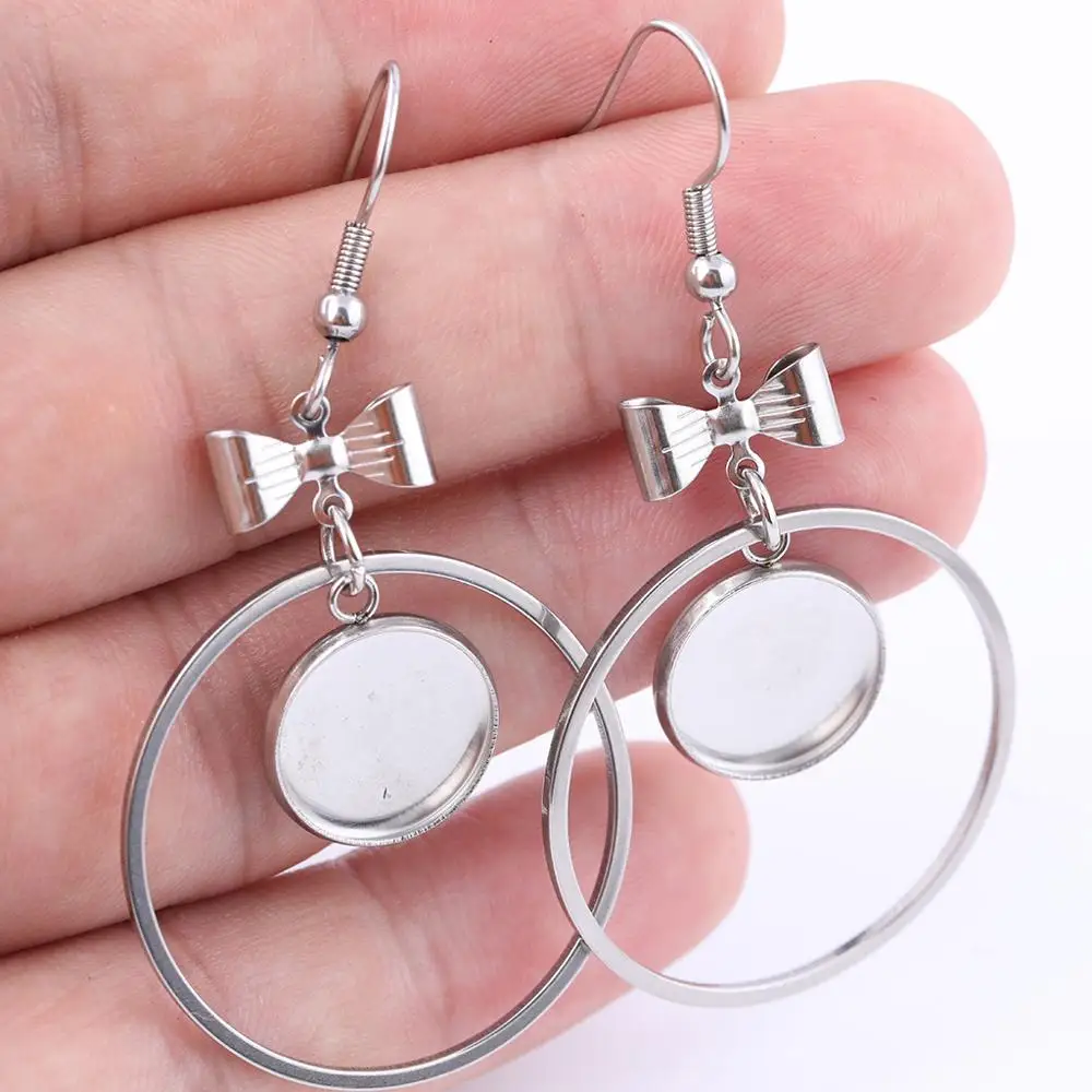 

10pcs Stainless Steel Bow Cabochon Earring Settings 12mm Dia Blank Earrings Base Bezel Findings With Circle Hoop Charms