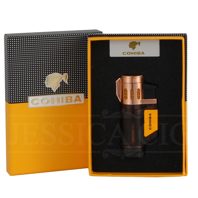 COHIBA пластиковые зажигалки бутан карманные ветрозащитные зажигалки для сигар фонарь 3 струйный газовый прикуриватель металлический портативный W/Подарочная коробка