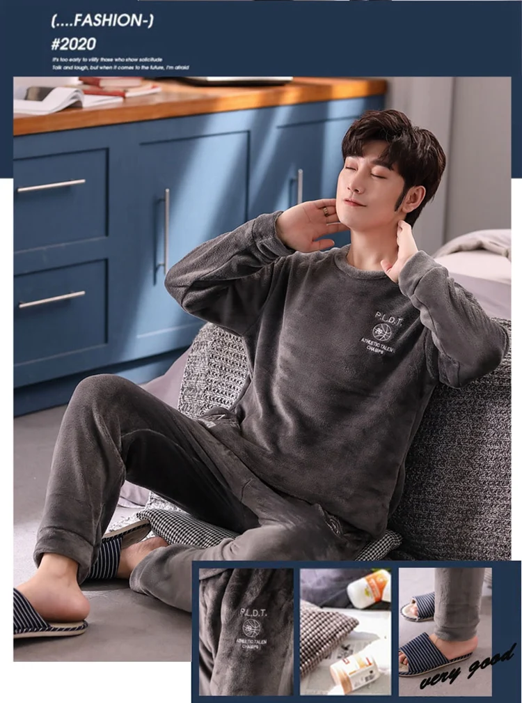 silk pajamas 2021 Winter Long Sleeve Thick Warm Flannel Pajama Sets For Men Korean Coral Velvet Sleepwear Suit Pyjama Lounge Homewear Clothes mens plaid pajama pants