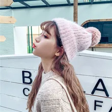 Вязаная вязаная шапка унисекс, Зимние головные уборы, милый помпон с искуственным мехом, теплая шапка для мужчин и женщин, теплая шапка с ушками