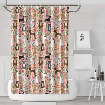 

Vintage Pitbull Terriers Dog Florals Shower Curtain Liner Decorative Lightweight for Bathroom,Printing Bath Curtains
