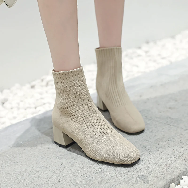 

Black Beige Knitting Elastic Women Socks Boots Shoes Winter Thick High Heel Ankle Boots for Women 2019 Elegant Square Toe