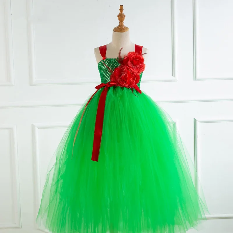 Рождественские карнавальные вечерние платья для девочек в форме Красного цветка, Длинные Стильные зеленые тюлевые юбки-пачки, рождественские ночные костюмы для девочек, платье на день рождения