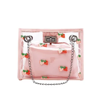 

2pcs/set Fashion Transparent PVC Shoulder Bags Women Cute Strawberry Print Clutch Pouch Travel Crossbody Bag Composite Set