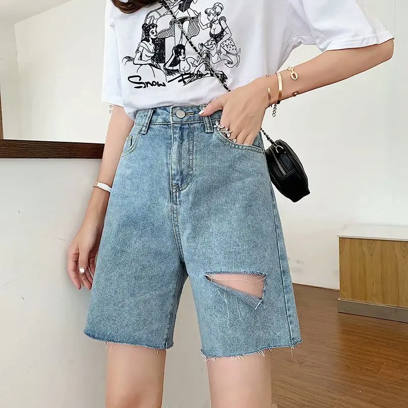 

Summer 2020 new street retro casual hole five-point pants high waist was thin woolen denim pants women pants