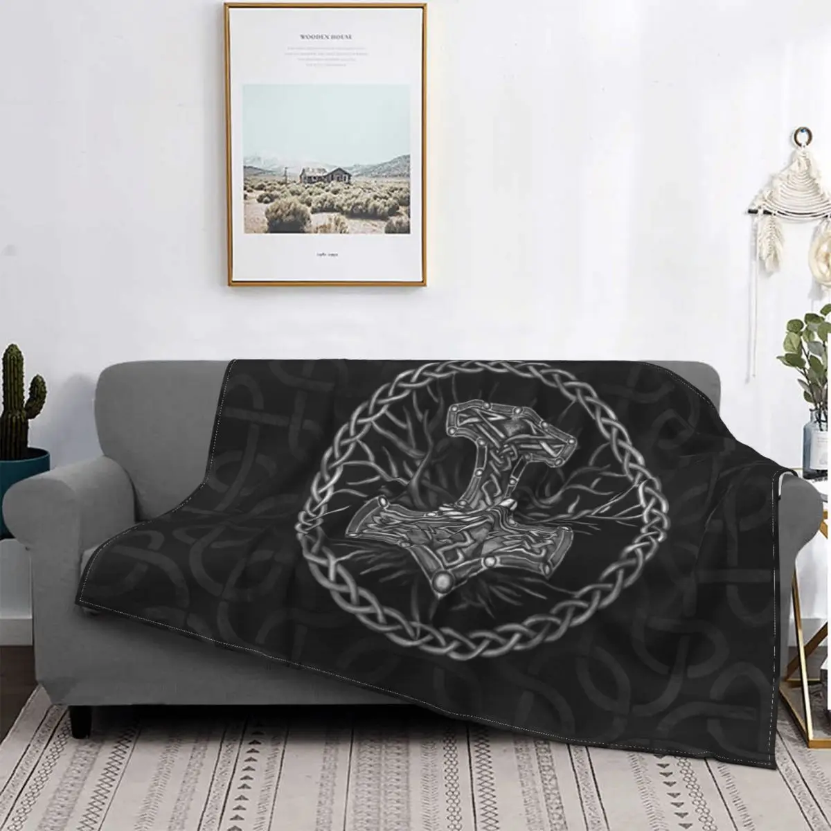 

Mjolnir Tree Of Life Knitted Blanket Mystic Viking Symbol Wool Throw Blanket Bed Sofa Portable Soft Warm Bedspread
