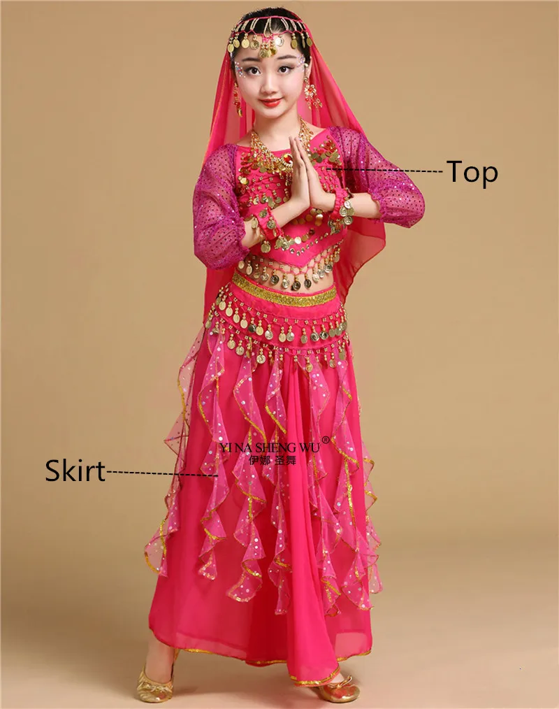 Rose 2pcs Детские костюмы для танца живота для девочек, Детский костюм для танца живота, Индийский Болливуд, комплект для восточных танцев, юбка для сцены ручной работы - Цвет: Rose 2pcs