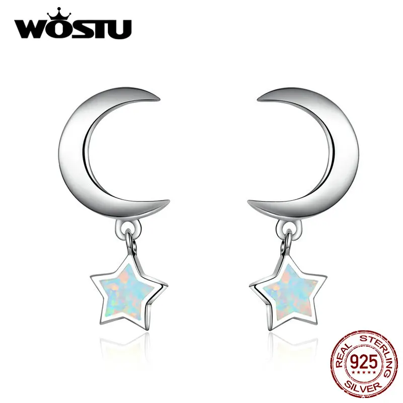 WOSTU 925 пробы серебряные серьги гвоздики Звезда Луна опал камень свадебные маленькие серьги для женщин модные ювелирные изделия подарки CQE707