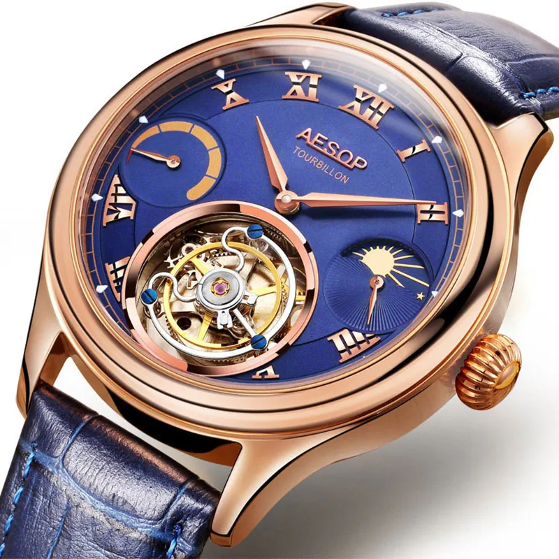Лидирующий бренд, Мужские Оригинальные настоящие Tourbillon часы, многофункциональные, с двумя часовыми поясами, с Луной, фазой, светящиеся, мужские деловые часы - Цвет: Blue rose gold