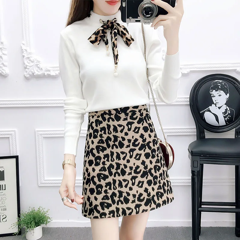 

Photo Shoot INS Ultra-Fire Red Set Beads Knitted And Leopord Pattern Skirt Two-Piece Set