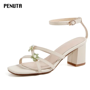 

2020 PENUTA Beige Women Sandals High Heels Ankle Strap Genuine Leather Chunky Heels New Designer Summer Shoes With Flowers X0087