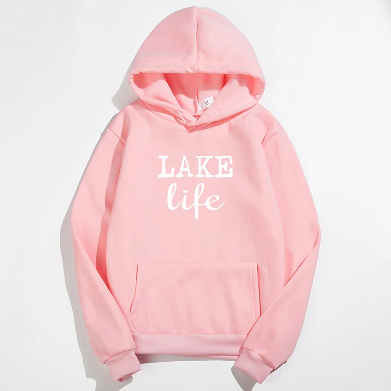 Толстовки с принтом «Lake Life», Женская флисовая Повседневная Толстовка с длинным рукавом, повседневный Женский пуловер, Moletom Feminin - Цвет: Розовый