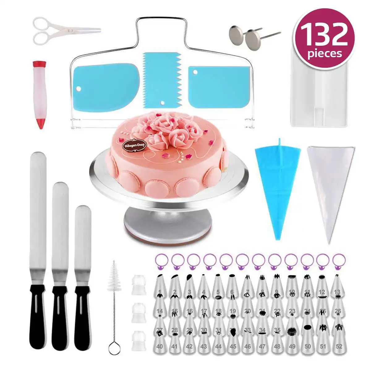 

132pcs Pastry Flower Icing Piping Nozzles Confectionery Nozzle Stainless Cream Baking Tools Decorating Tip Sets Cake Turntable