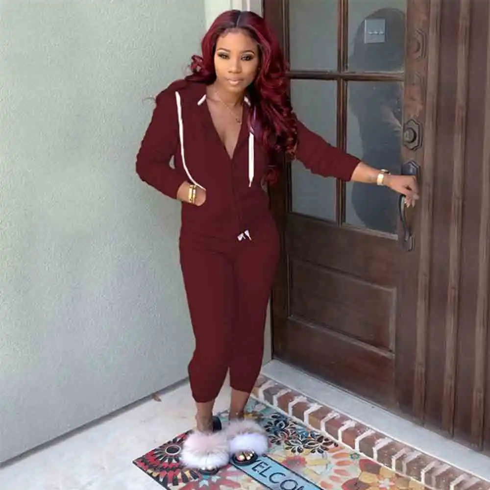 

Casual Solid Zipper Two Piece Set Women Autumn Hoody Drawstring Sweatshirt Jogger Pants Active Sportswear Matching Suit