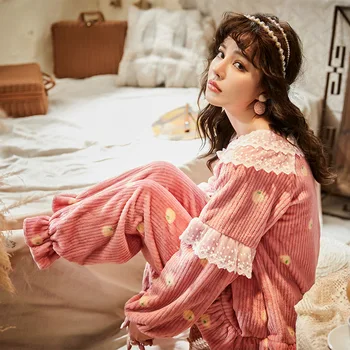 

Pink Kawaii Cute Strawberry Lingerie Woman Pijama Set Autumn Winter 2020 Korean Princess Long Sleeve Lace Pajamas for Women Girl