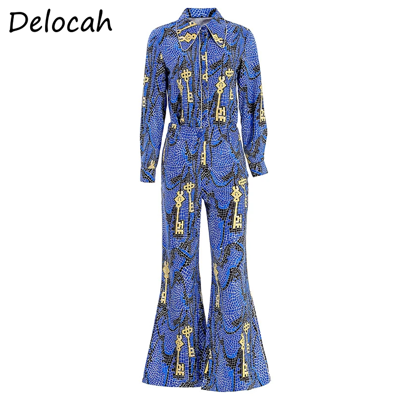 

Delocah Spring Summer Women Set Runway Fashion Designer Long Sleeve Printed Blouses+Flare Long Pants Two Pieces Set Lady Suits