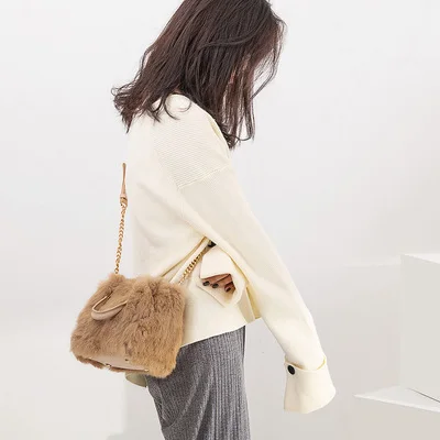 Зимняя модная сумка с кроличьим мехом, Высококачественная мягкая плюшевая женская дизайнерская сумка на цепочке, Повседневная сумка на плечо 698 - Цвет: apricot