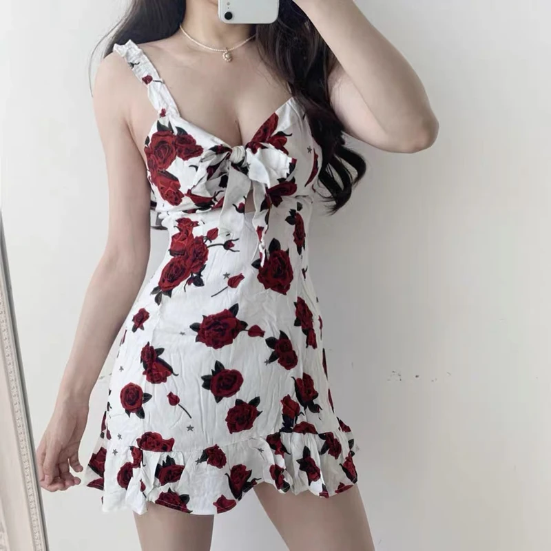 

Summer 2020 sleeveless dress female sense V-neck hollow dress female rose print fishtail dresses Retro Black White