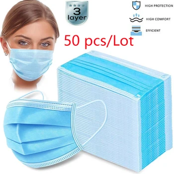 

Stock 50 PCS 3 Layer Disposable Face Mask Anti PM2.5 Influenza Bacterial Facial Dust-Proof Safety Protective Mouth Masks Unisex