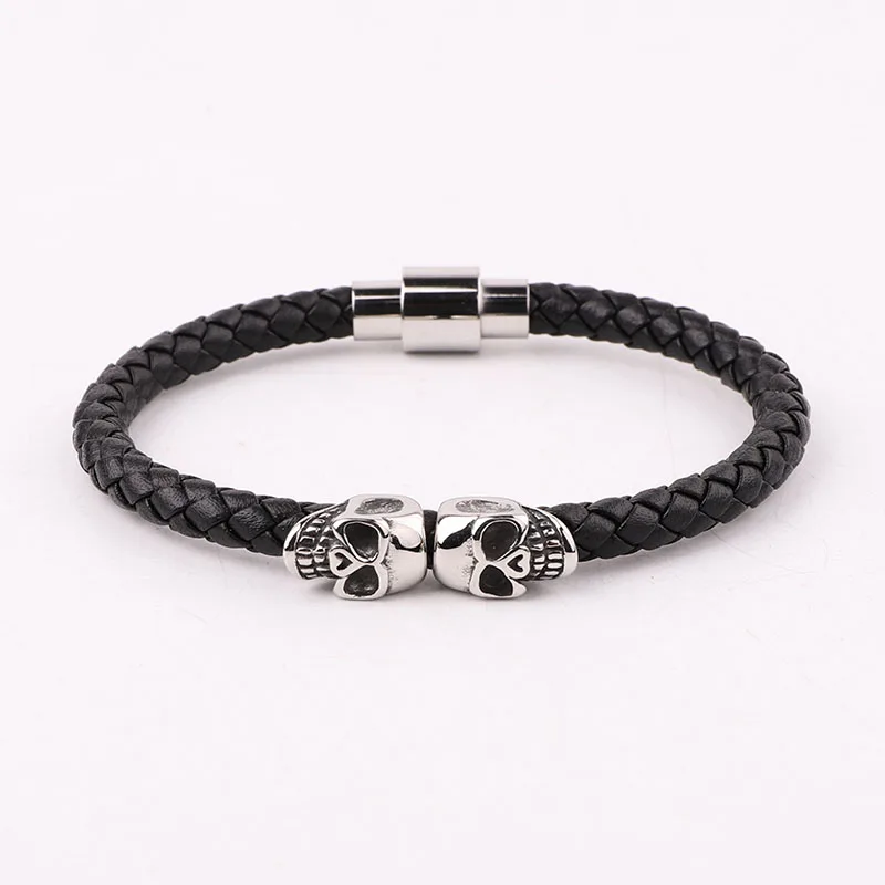 High Quality Punk 316L Stainless Steel Skull Charm Real Genuine Leather Bracelet Men Jewelry Gift