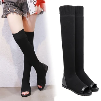 

Long boots, women's knees, knit elastic, wild, increased fish mouth, open toe boots